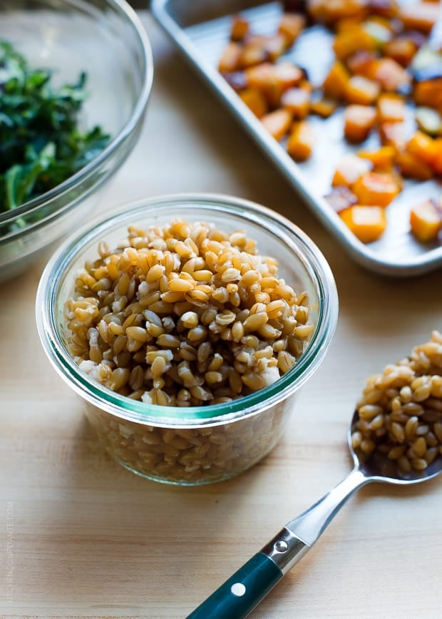 Glass bowl filled with farro and surrounded by freshly roasted cubed butternut squash.