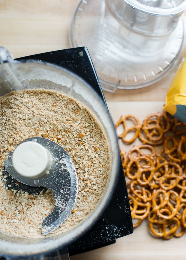 Pretzels ground in a food processor.