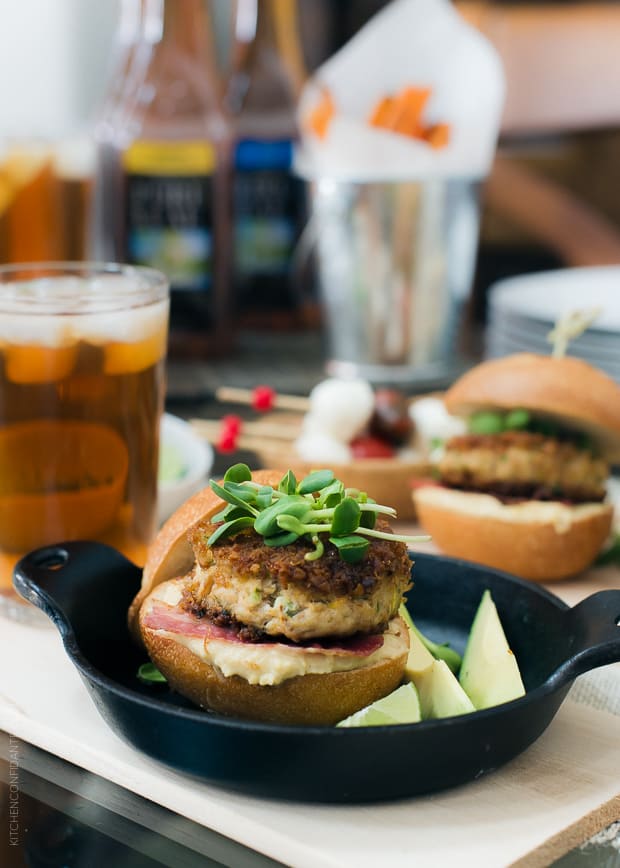 Pretzel Crusted Crab Cake Sliders served up in small cast iron skillets.