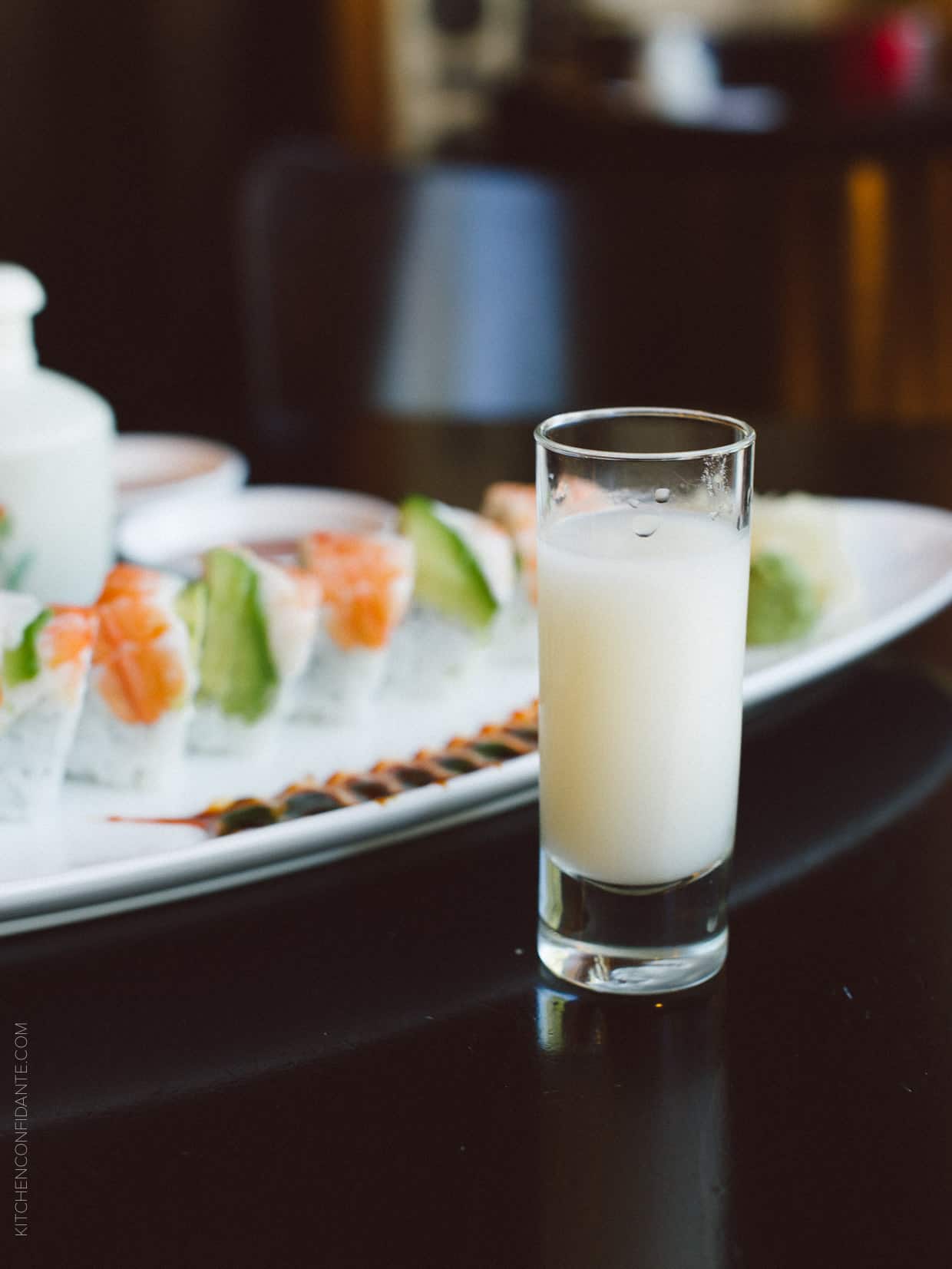 Sho Chiko Bai Nigori, a sake that was surprisingly  round and mellow, with notes of creamy coconut and fragrant melon.