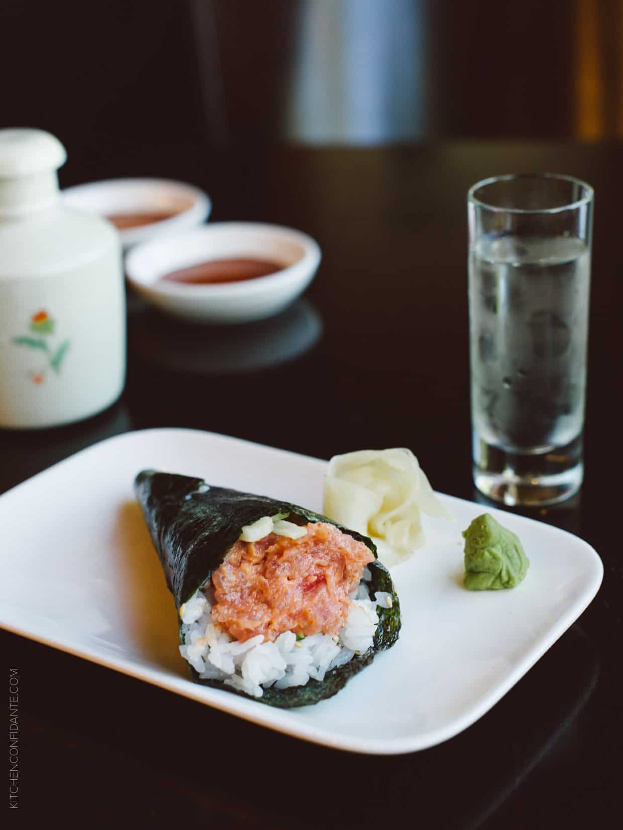 A tuna hand roll goes beautifully with a crisp sake.