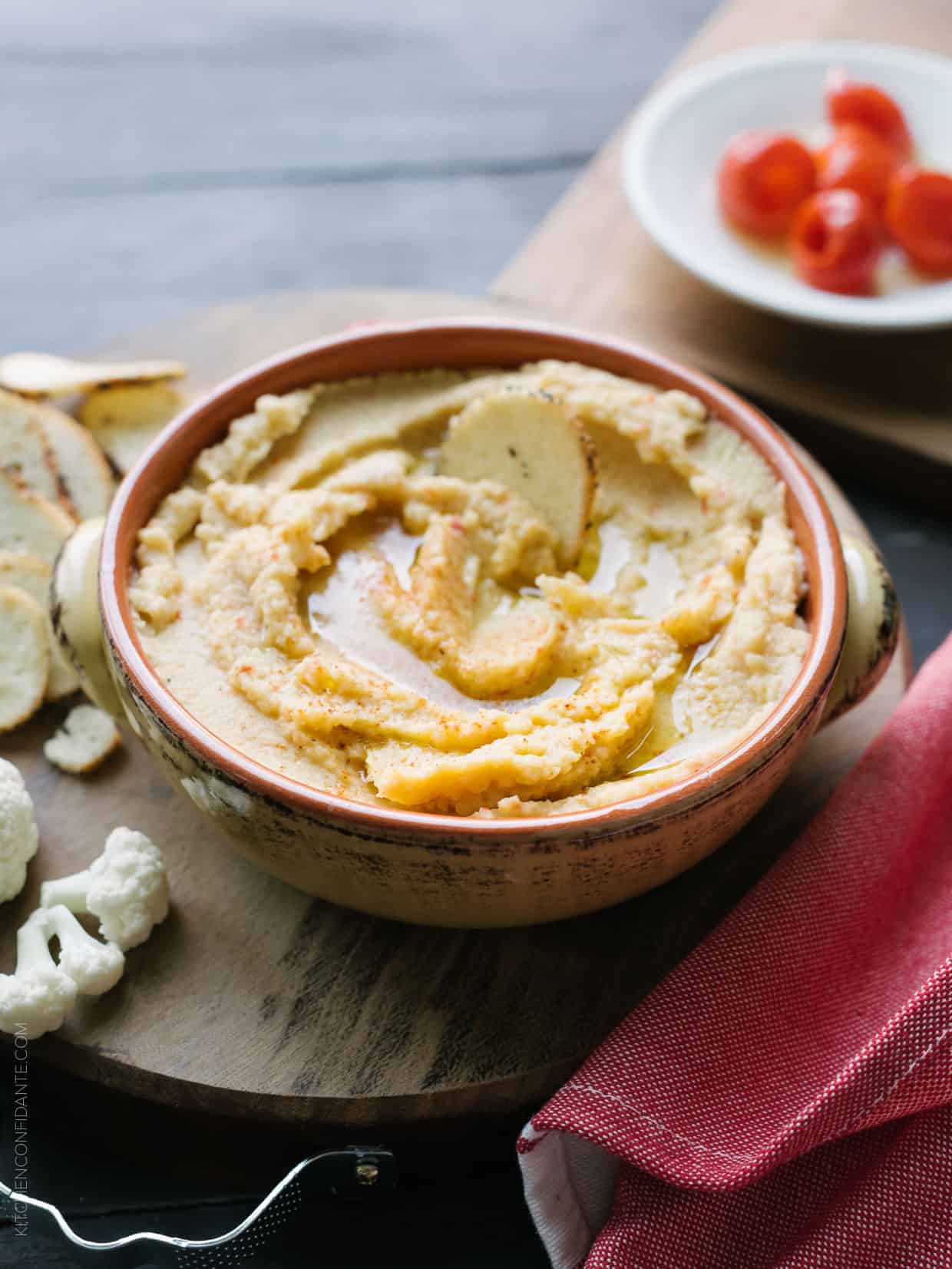 You'll want to spread this Pappadew Pepper Cauliflower Hummus over everything! It's great in sandwiches, in wraps, and of course, for dipping!