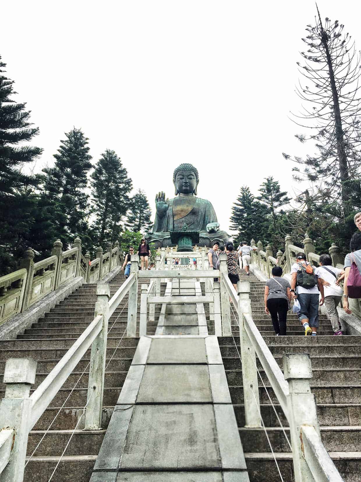 People walking the stairs leading to the Tian Tan Buddha. 