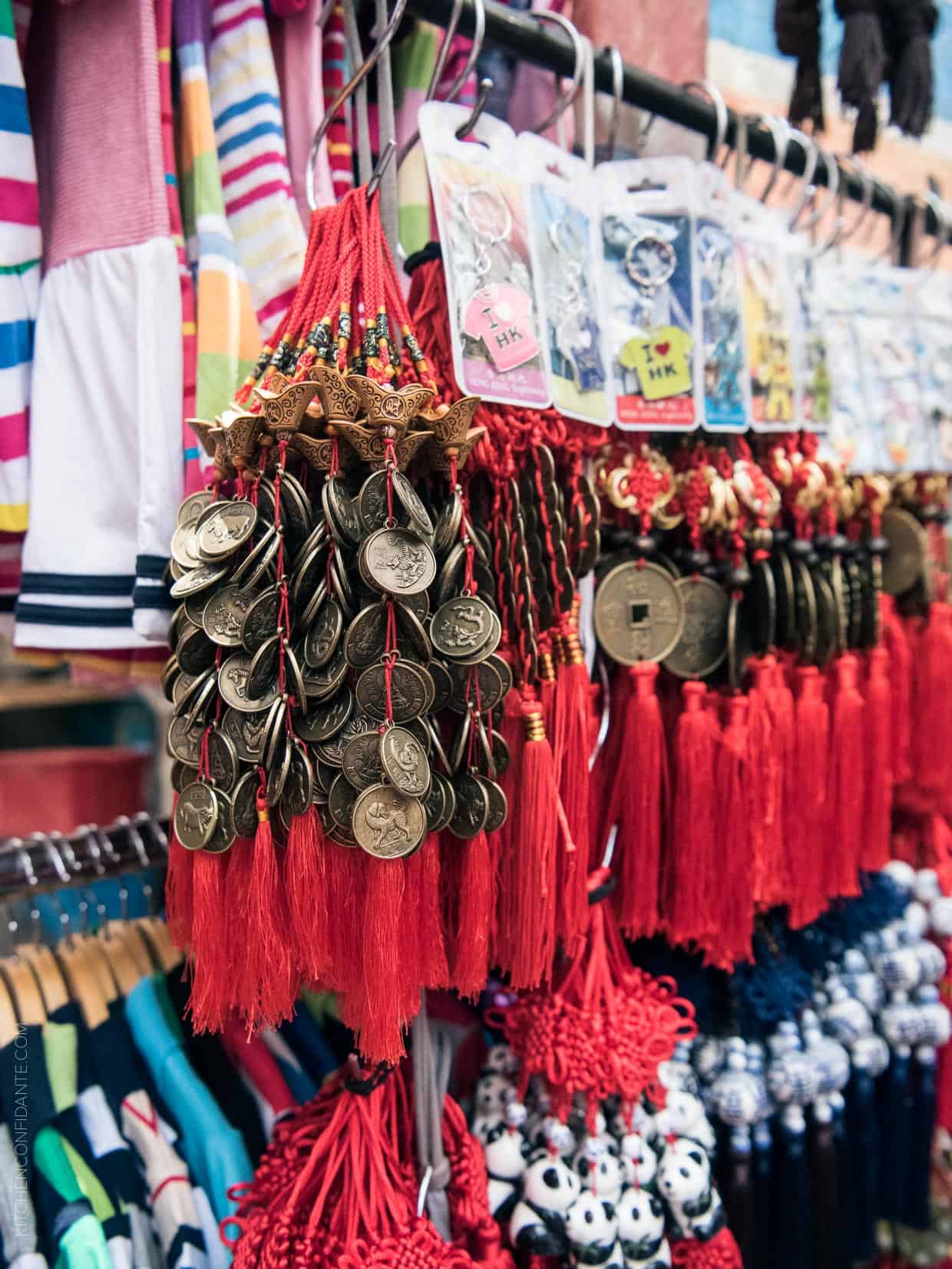 Souveniers being sold at a market in Hong Kong.