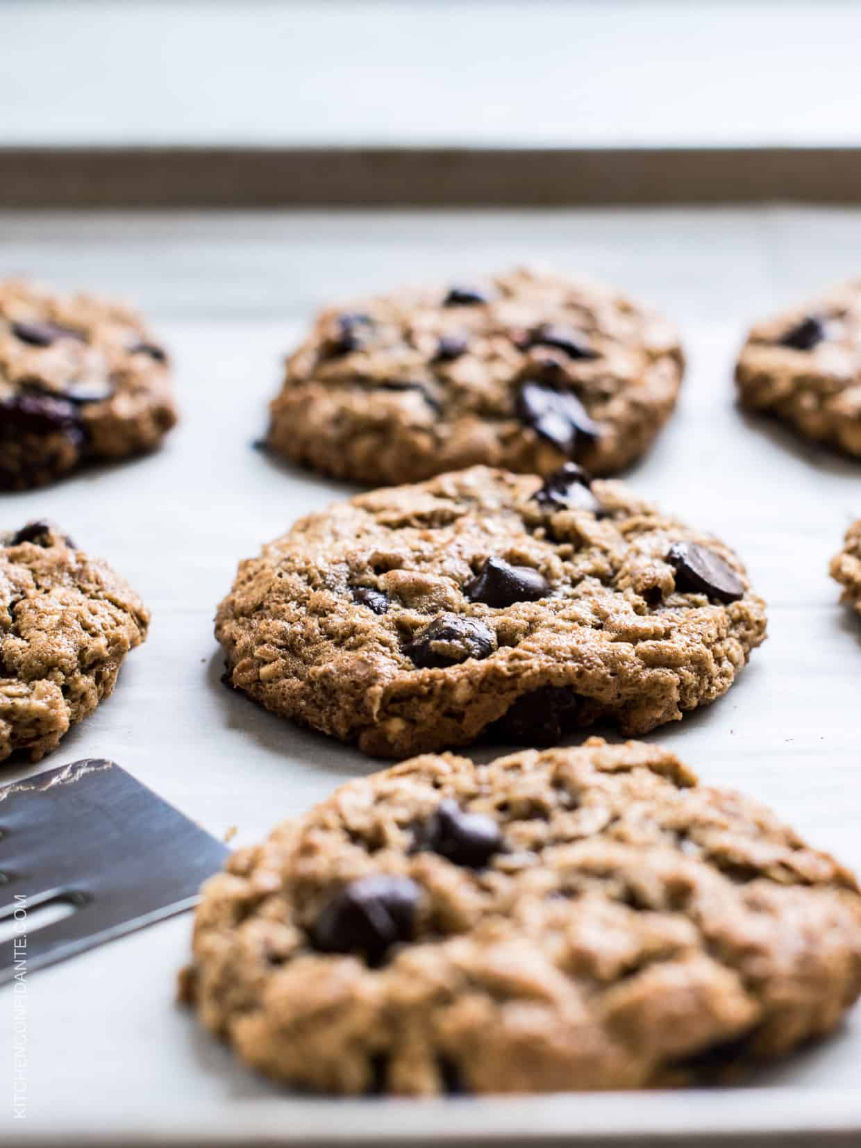 Chewy, gooey Almond Butter Oatmeal Cookies. Gluten-free and dairy-free recipe.