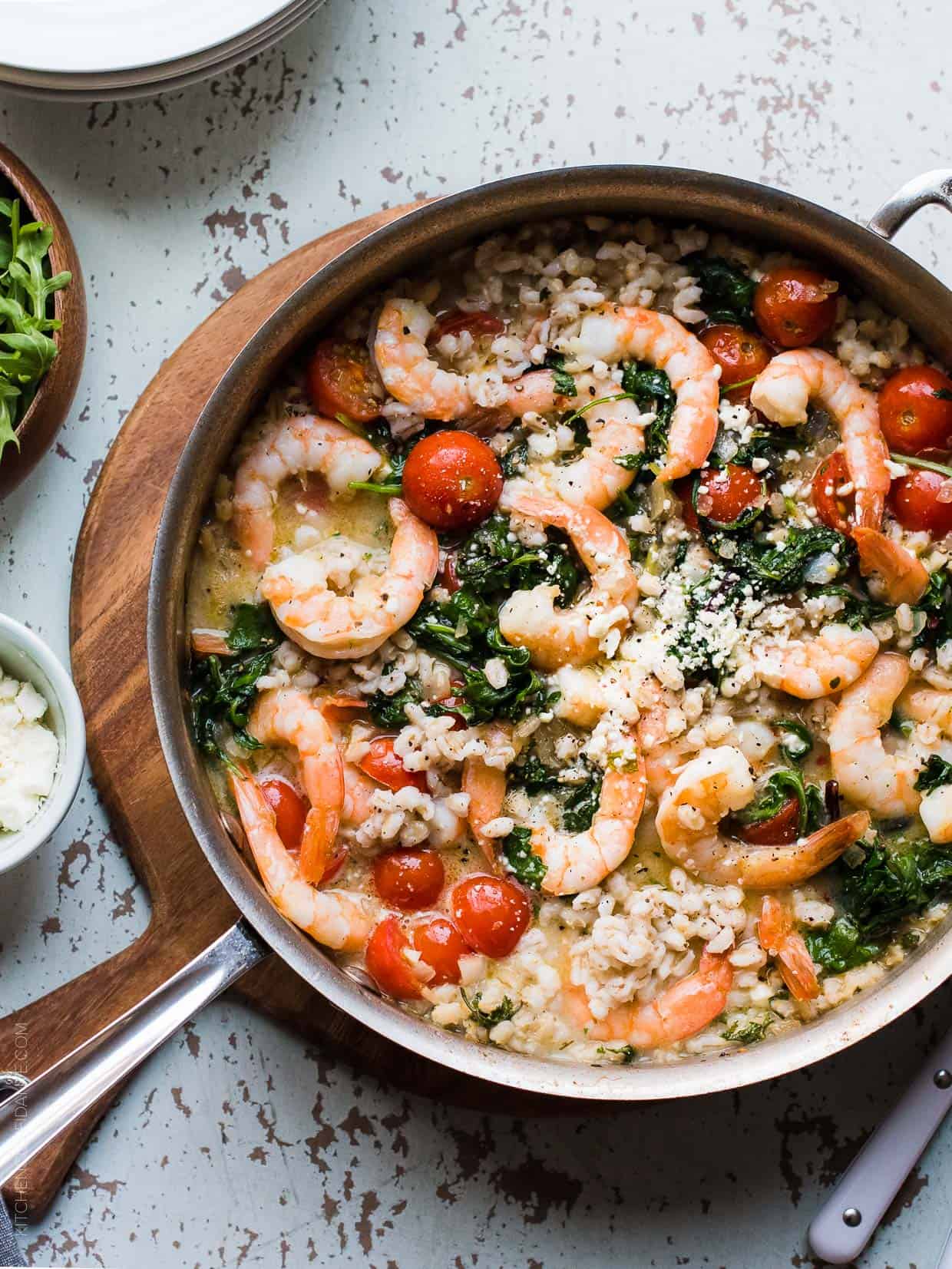 Simple, light, fresh, and made in one skillet. This delicious recipe for Greek Shrimp, Pearl Barley and Kale with Feta doesn't get any easier!