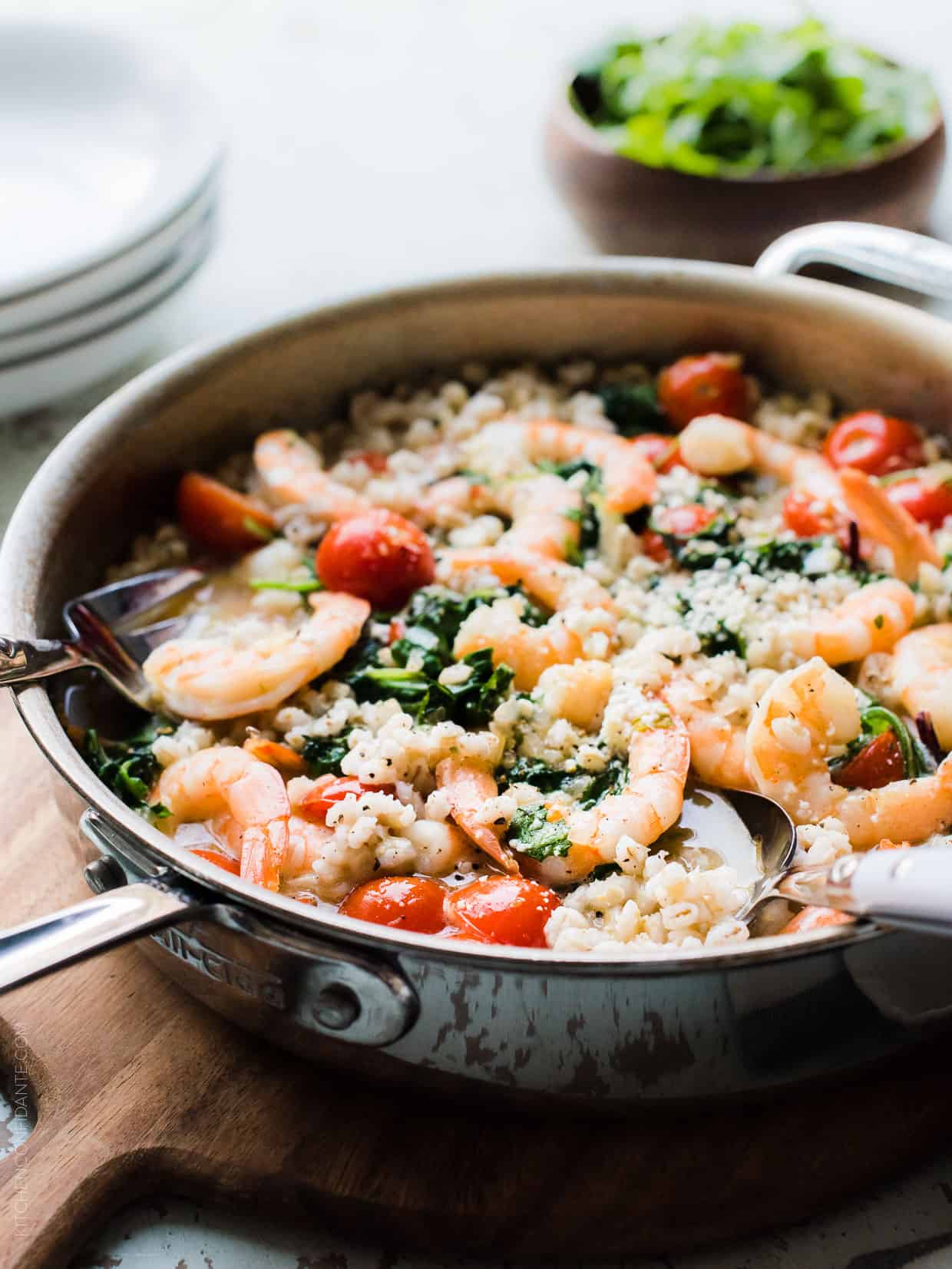 Simple, light, fresh, and made in one skillet. This delicious recipe for Greek Shrimp, Pearl Barley and Kale with Feta doesn't get any easier!