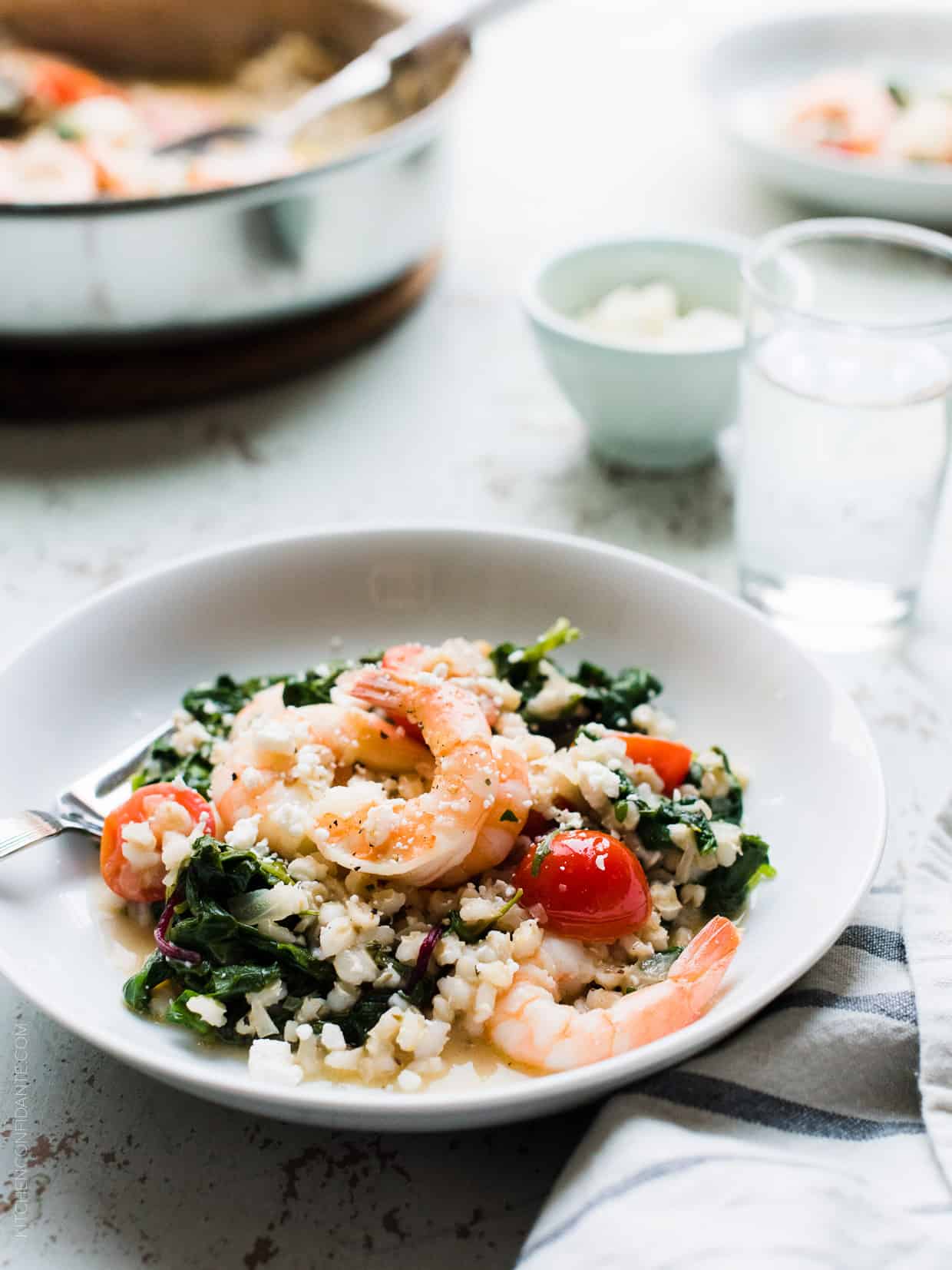 Simple, light, fresh, and made in one skillet. This delicious recipe for Greek Shrimp, Pearl Barley and Kale with Feta doesn't get any easier!