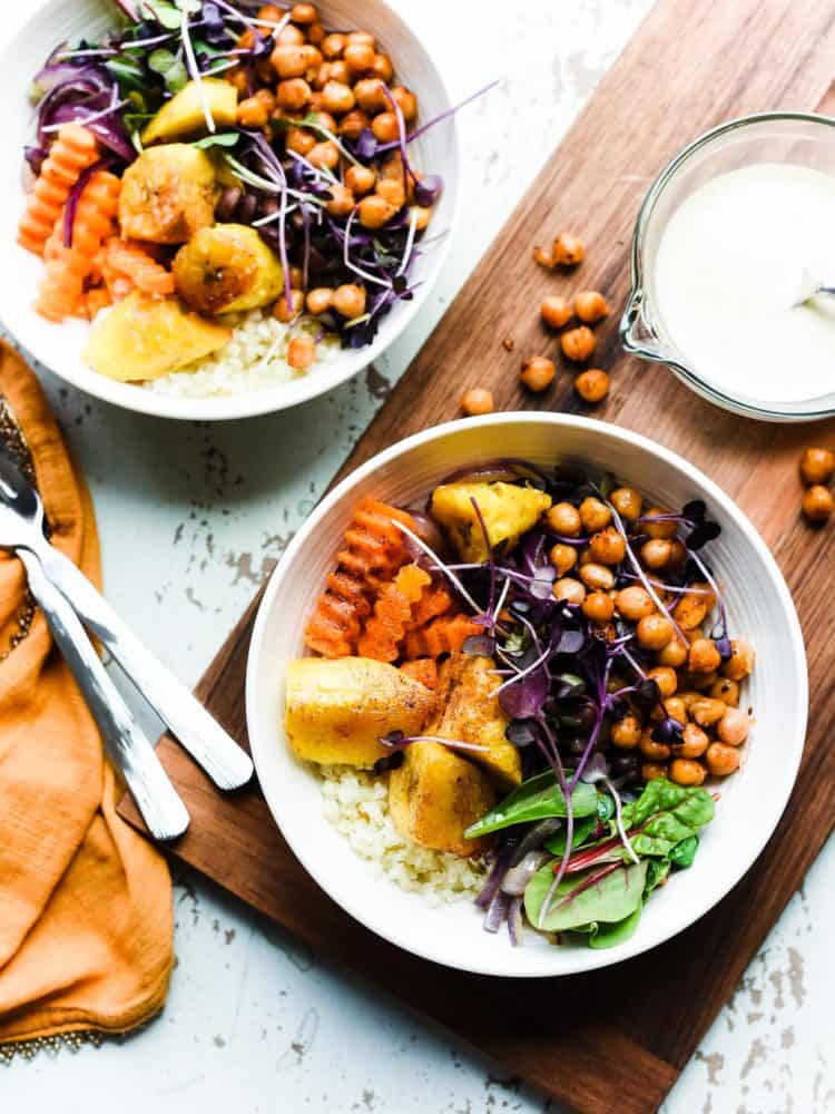 Hearty and healthy Plantain Buddha Bowl is full of nutrient rich foods that satisfy and nourish with protein and fiber rich plantains, chickpeas and greens.