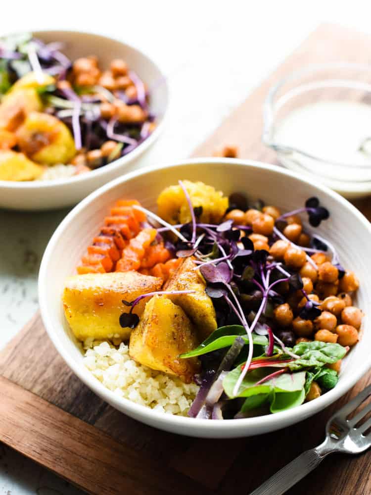 Hearty and healthy Plantain Buddha Bowl is full of nutrient rich foods that satisfy and nourish with protein and fiber rich plantains, chickpeas and greens.