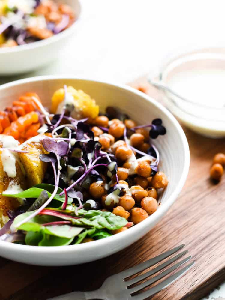 Hearty and healthy Plantain Buddha Bowl is full of nutrient rich foods that satisfy and nourish with protein and fiber rich plantains, chickpeas and greens.