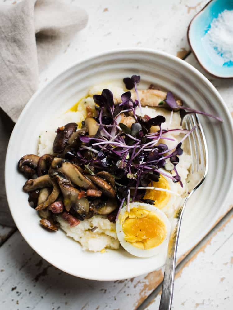 When you're craving something hearty in the morning, a simple, comforting Mushroom Polenta Breakfast Bowl bursting with mushrooms, onions, pancetta and an egg is all you need.