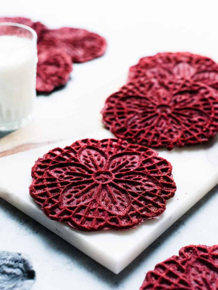 The traditional Italian waffle cookie gets a red velvet twist in this Red Velvet Pizzelle, perfect for sharing with that special someone!