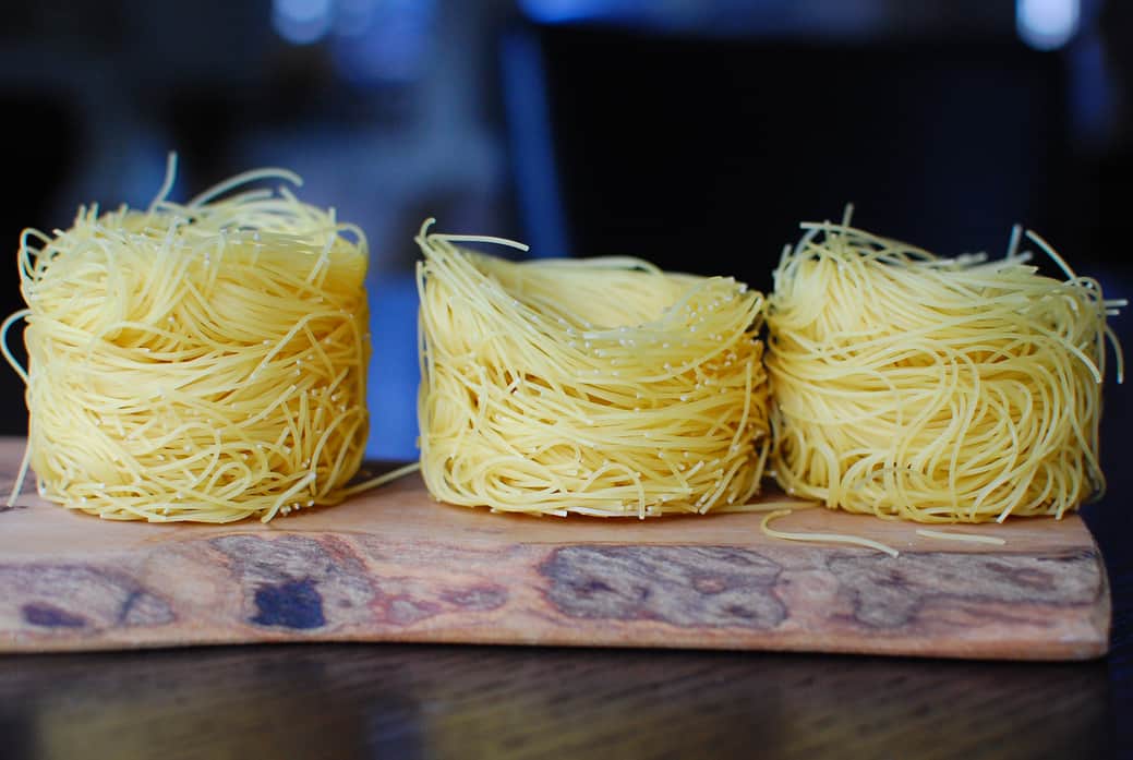 Angel Hair Nests with Shrimp, Leeks and Yellow Squash