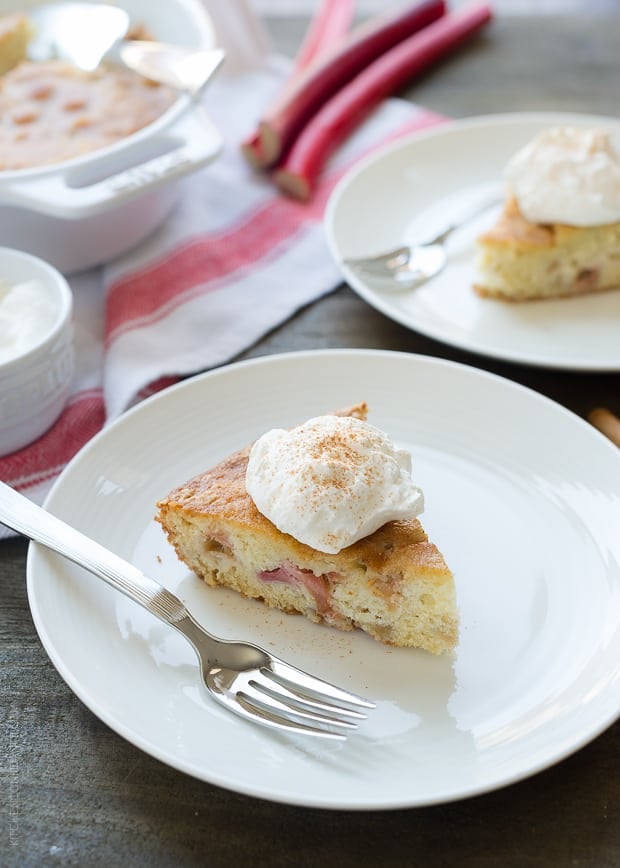 A slice of rhubarb cake topped with whipped cream on a white plate.