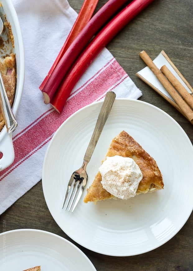 Slices of rhubarb cake surrounded by stalks of fresh rhubarb.