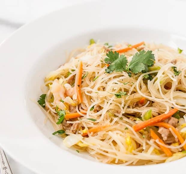 Pancit Bihon - Filipino Rice Noodles in a bowl.