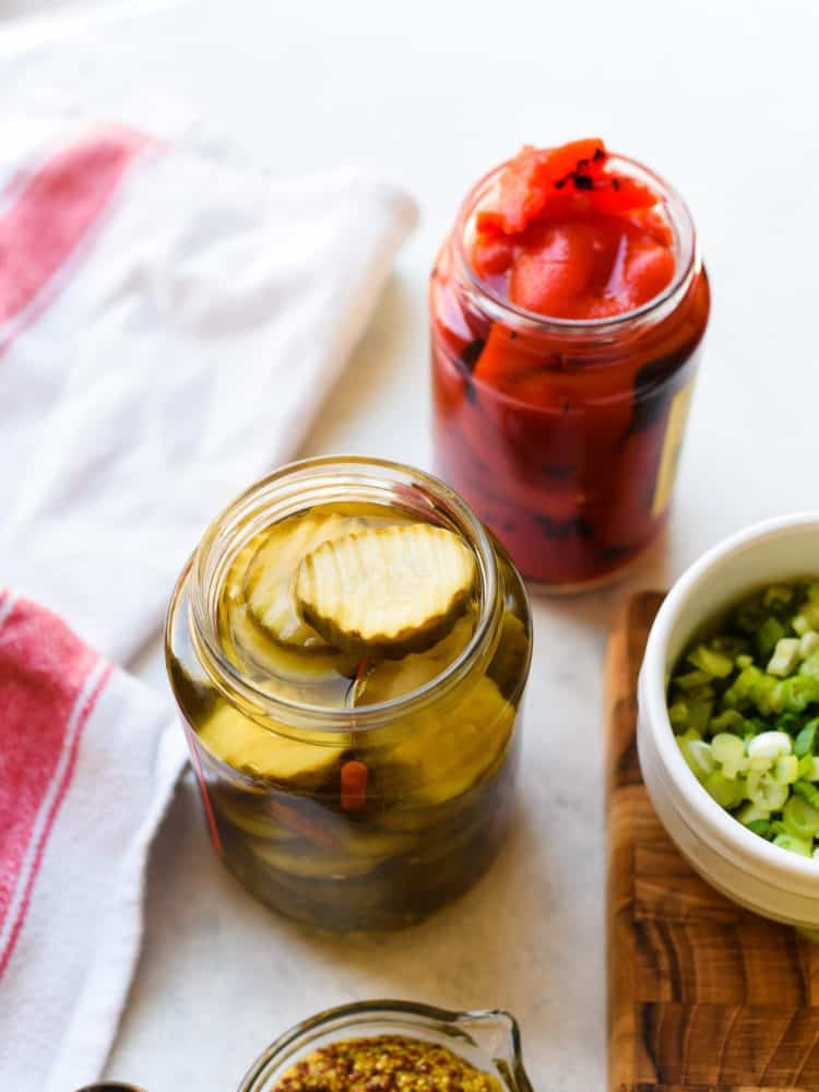 Spicy pickles and roasted red peppers - ingredients for Fireworks Pasta Salad