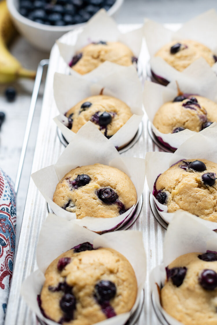 Blueberry Banana Muffins in a muffin pan.
