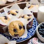 Blueberry Banana Muffins on a blue and white plate.