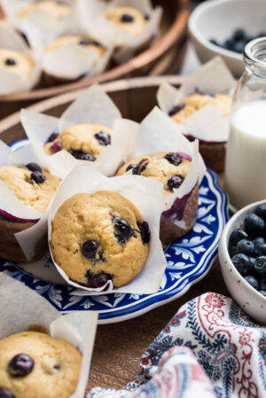 Blueberry Banana Muffins on a blue and white plate.