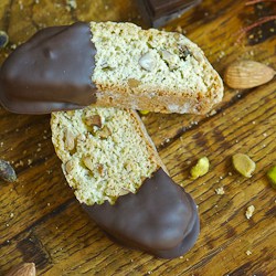 Baking Up Batches of Pistachio Biscotti Dipped in White Chocolate