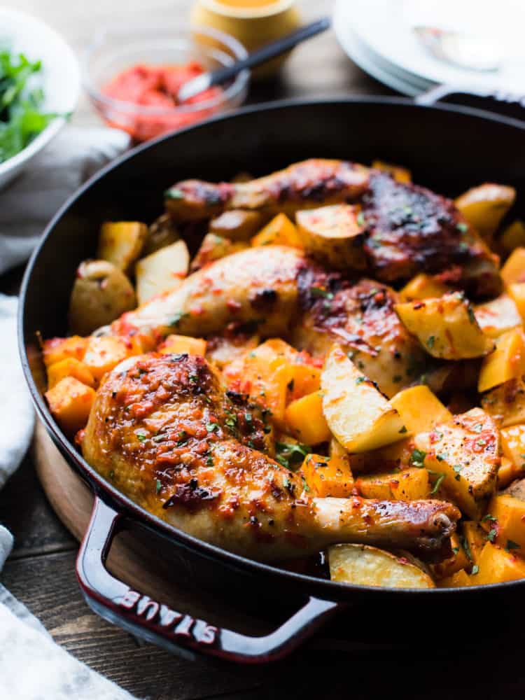 Harissastyle Roast Chicken with Butternut Squash and Potatoes