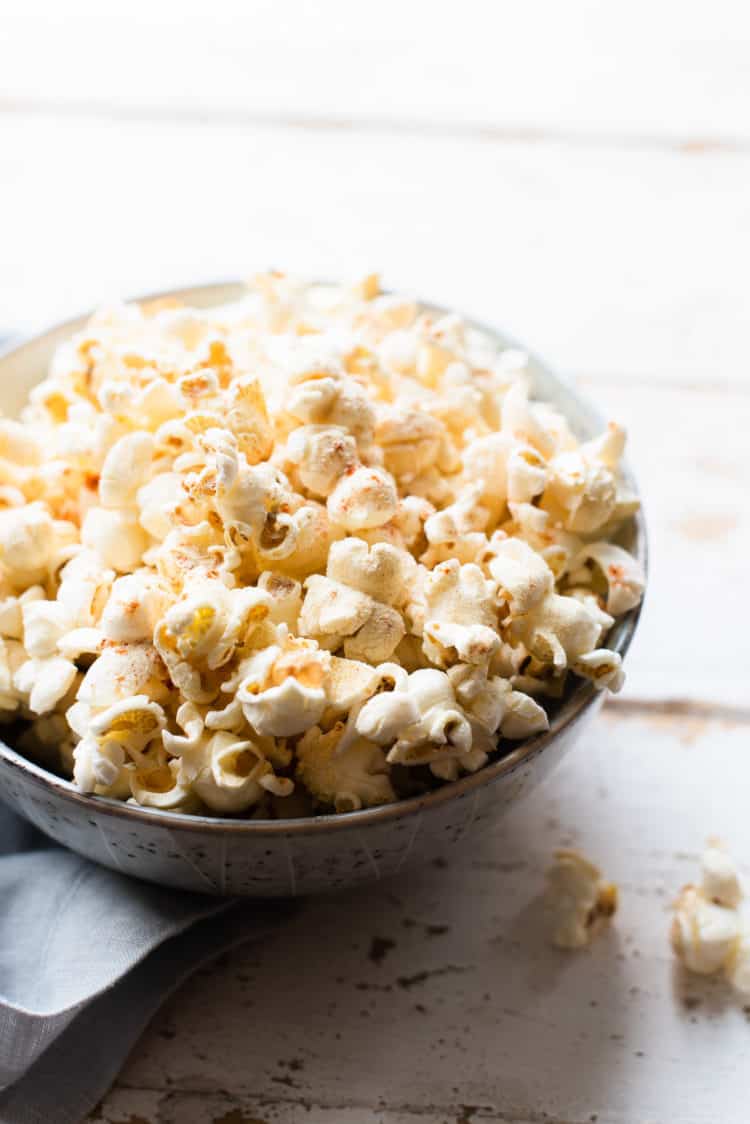 A bowl of Sweet and Spicy Wasabi Popcorn.