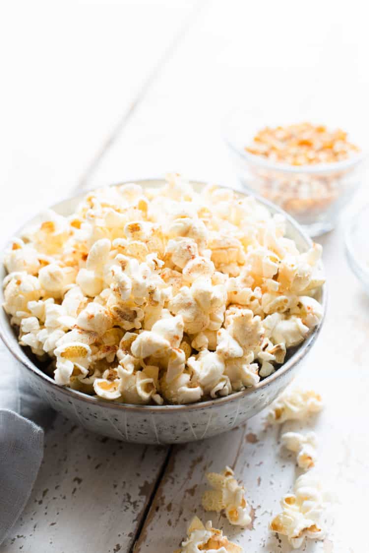 A bowl of sweet and spicy wasabi popcorn.