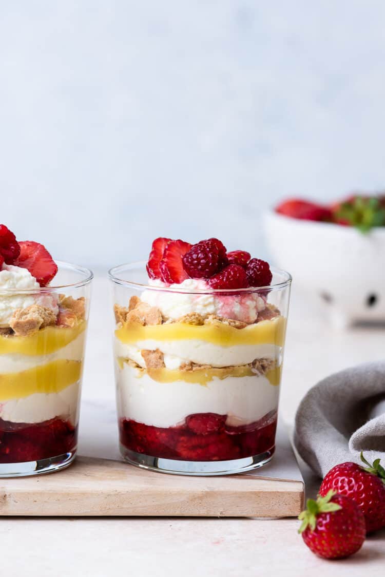 Lemon-Berry Cheesecake Parfait in a glass cup.