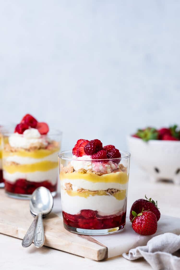 Lemon-Berry Cheesecake Parfaits in individual glass cups.
