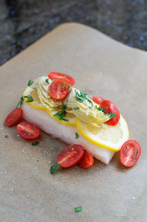 Halibut with Artichokes and Tomatoes en Papillote