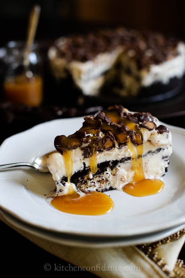 A slice of Peanut Butter Cup Ice Cream “Cake” Pie.