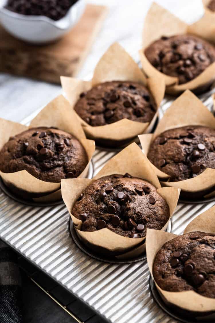 Chocolate banana muffins on a muffin tray.