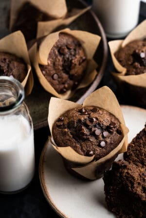 Chocolate banana muffins on a plate with glasses of milk.