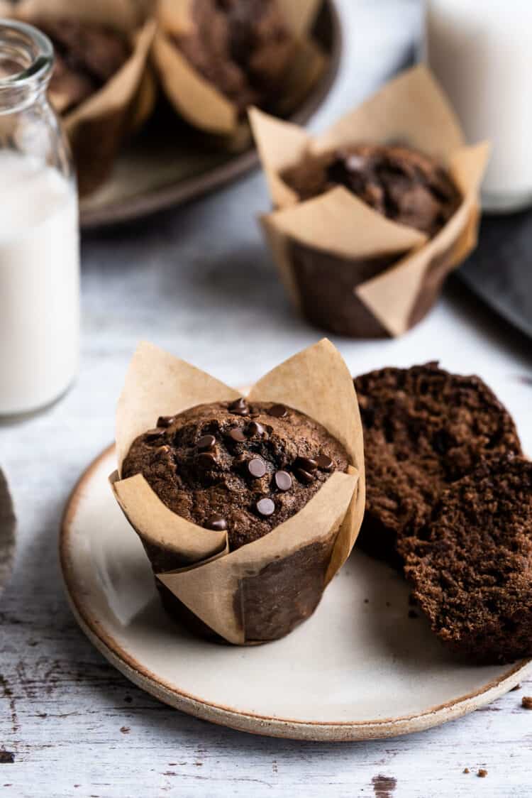 Chocolate Banana Muffin on a plate with extra muffins on the side.