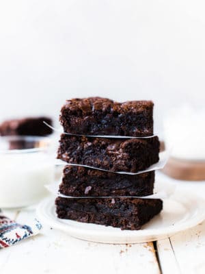 Close up shot of brownies stacked on a white plate with a glass of milk