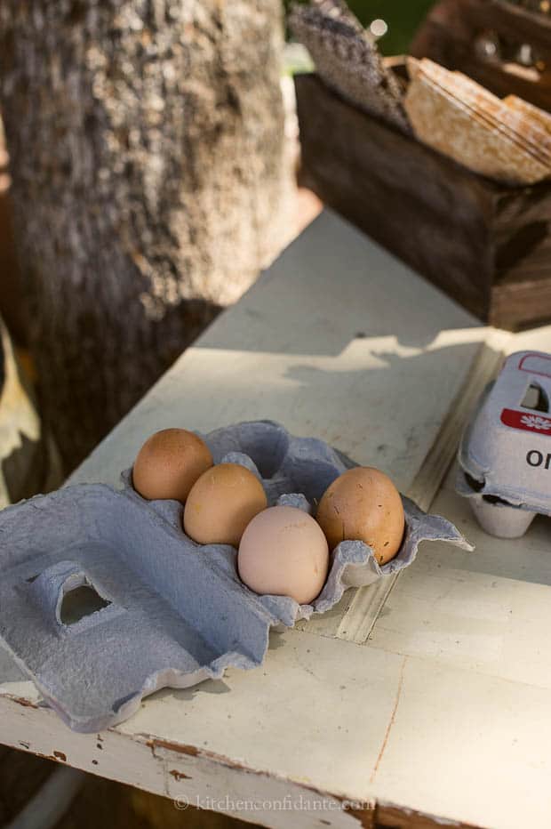 Four fresh eggs in an egg carton.