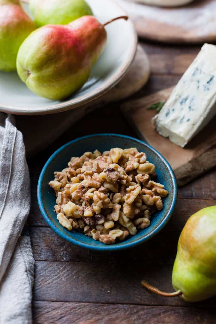 A bowl of walnuts for Pear & Walnut Gorgonzola Pizza recipe.