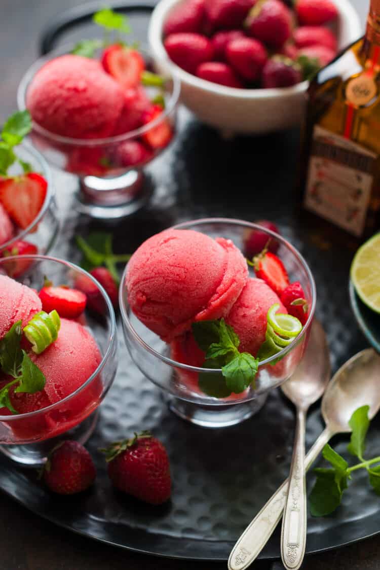 Strawberry Cointreau Sorbet in glass dessert dishes.