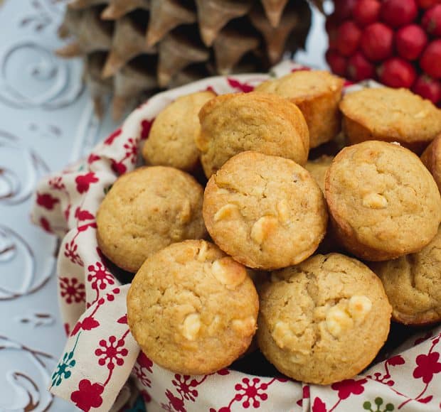 White Chococolate Graham Cracker Muffins in a cloth covered basket.