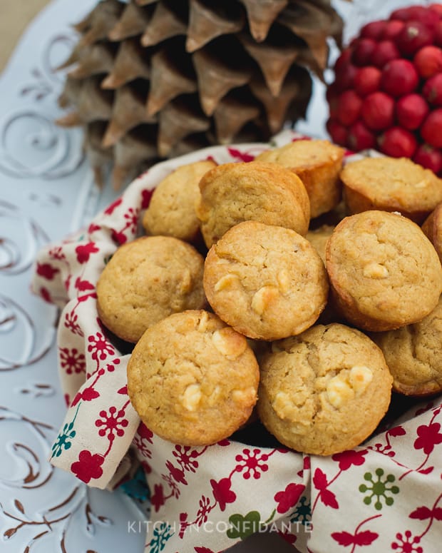 White Chococolate Graham Cracker Muffins in a cloth covered basket.