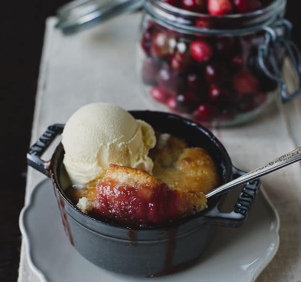 Cranberry Rhubarb Cobbler baked in a mini Dutch oven.