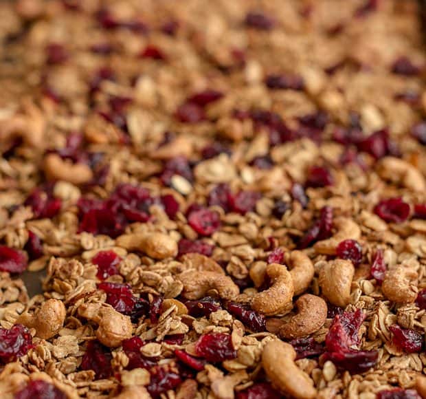 A baking sheet filled with homemade trail mix granola.