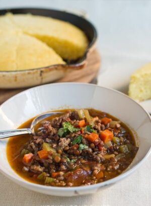 A bowl filled with hearty homemade chili.