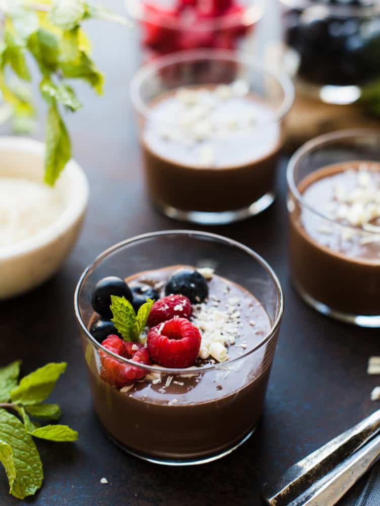 Cheat’s Chocolate Hazelnut Mousse served with raspberries, blueberries, white chocolate and coconut.
