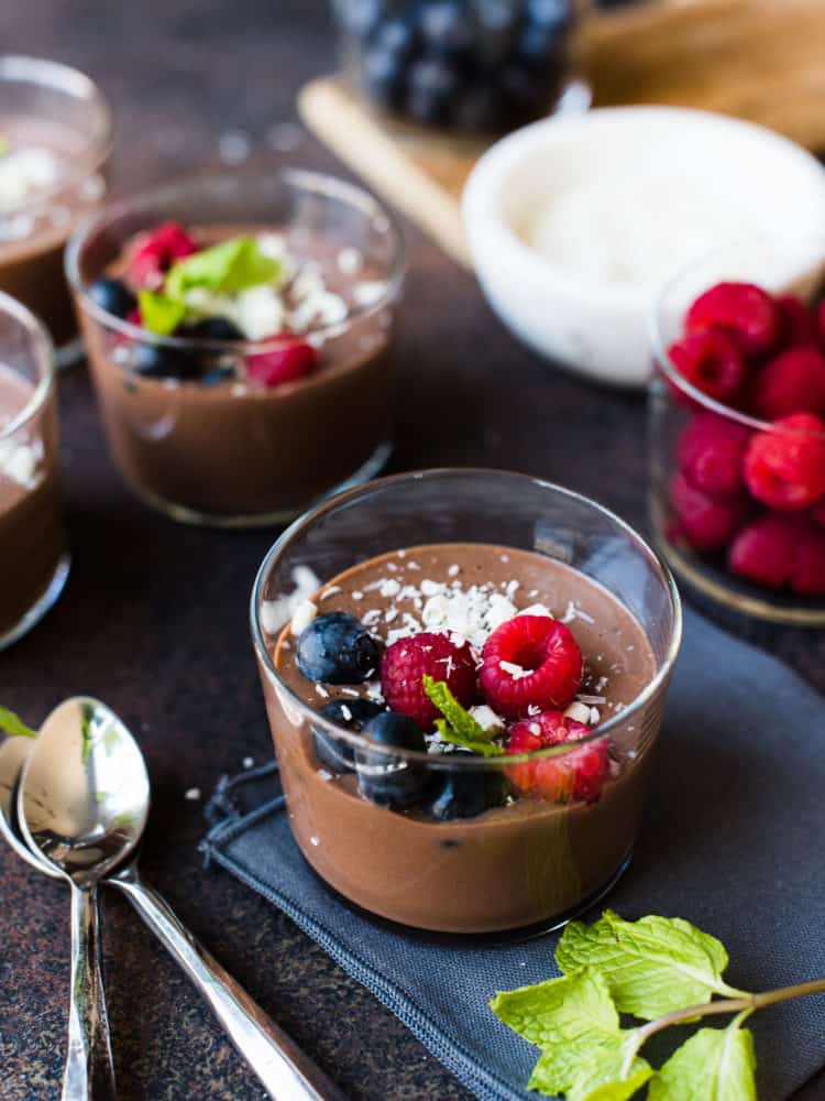 Cheat’s Chocolate Hazelnut Mousse topped with berries, white chocolate and coconut.