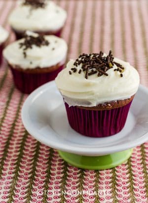 Chocolate Buttermilk Cupcakes with Cream Cheese Frosting and chocolate sprinkles.