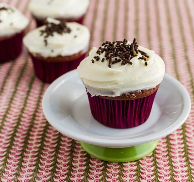 Chocolate Buttermilk Cupcakes with Cream Cheese Frosting and chocolate sprinkles.