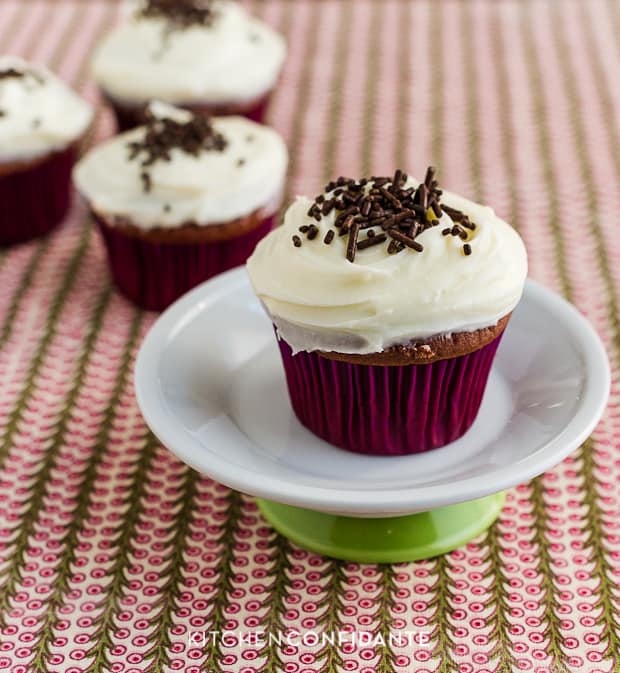 Chocolate Buttermilk Cupcakes with Cream Cheese Frosting and chocolate sprinkles.